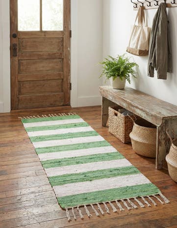 Green and Ivory Hand Woven Chindi Rag Runner Rug