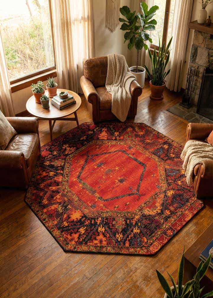 7' x 7' Easy-Clean Tribal Indoor / Outdoor Octagon Rug