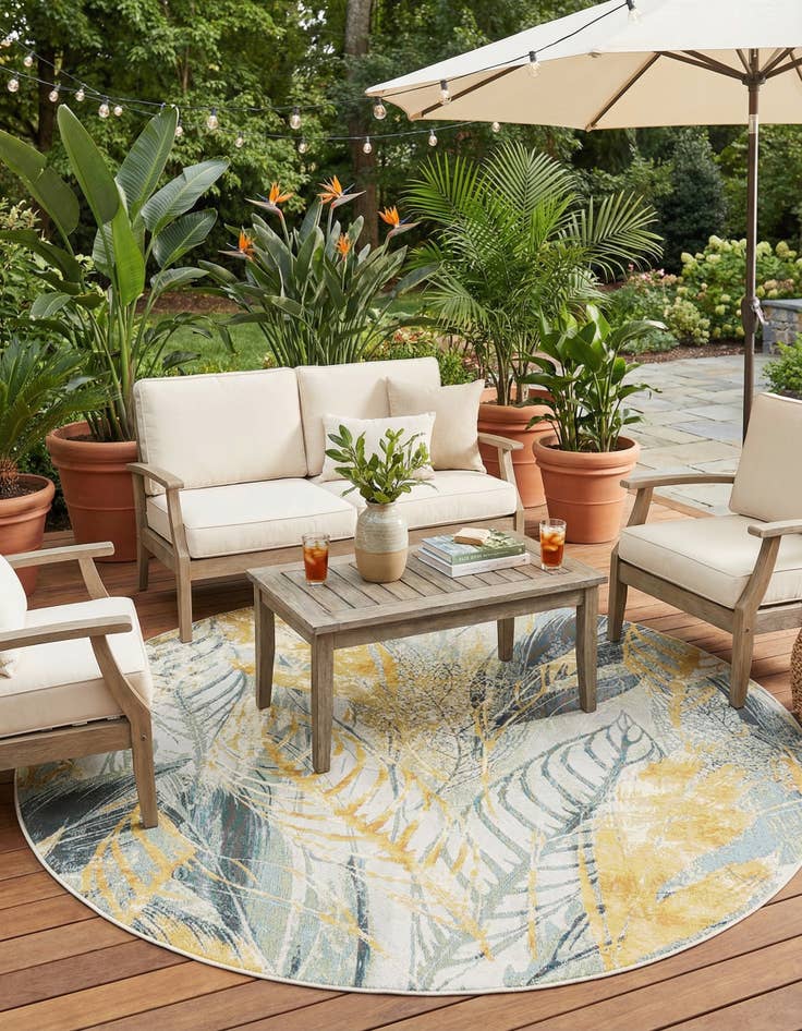 Detail image of 7' 10 x 7' 10  Washable Botanical Indoor / Outdoor Round Rug