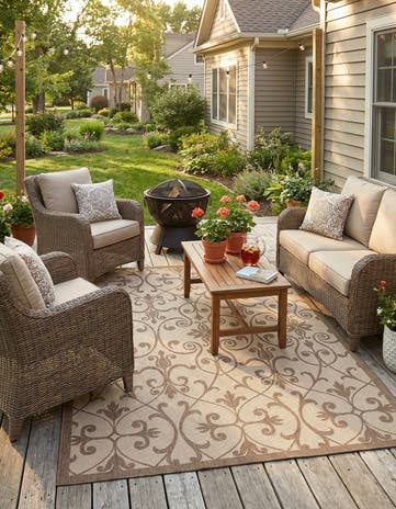 Brown Easy-Clean Botanical Indoor / Outdoor Rug