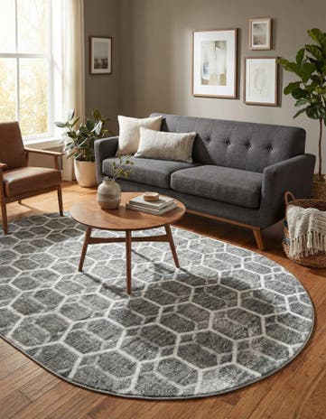 Grey Lattice Trellis Oval Rug