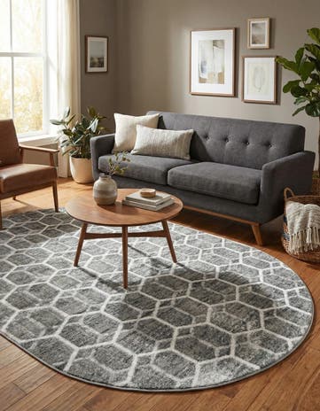 Grey Lattice Trellis Oval Rug