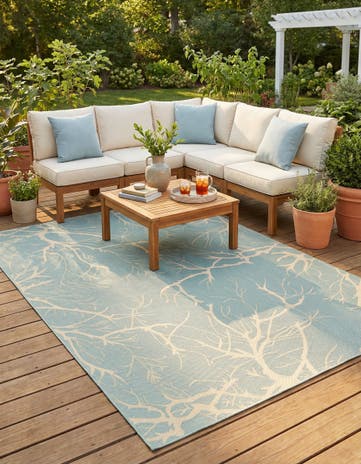 Light Blue Easy-Clean Botanical Indoor / Outdoor Rug