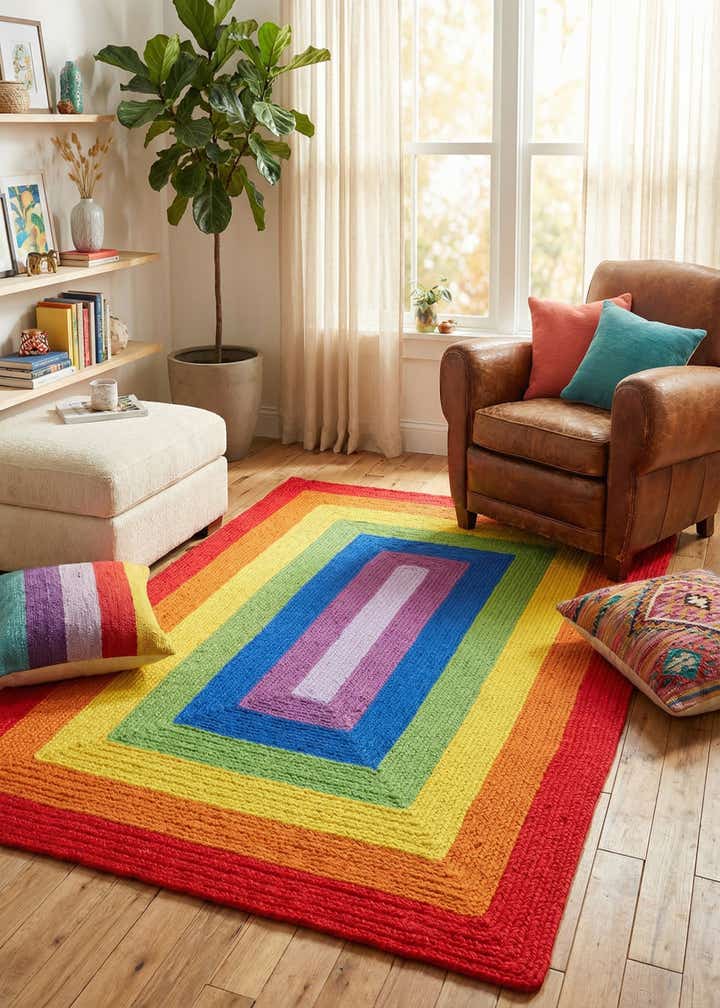 4' 1 x 6' 1 Handmade Hand Braided Rainbow Wool Rug
