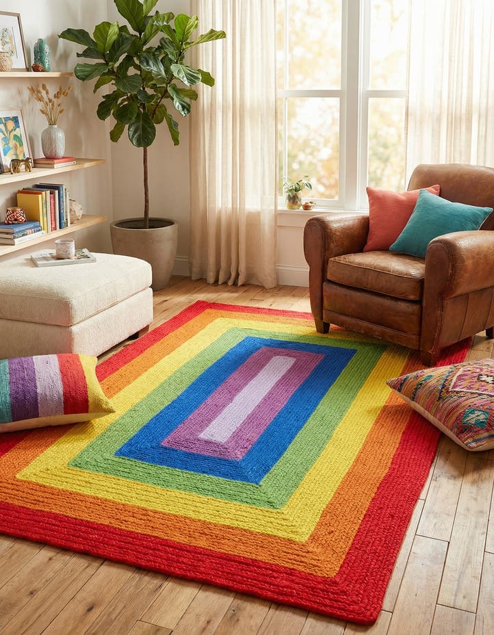 4' 1 x 6' 1 Handmade Hand Braided Rainbow Wo...