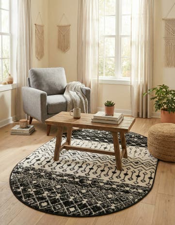 Black and White Moroccan Trellis Oval Rug