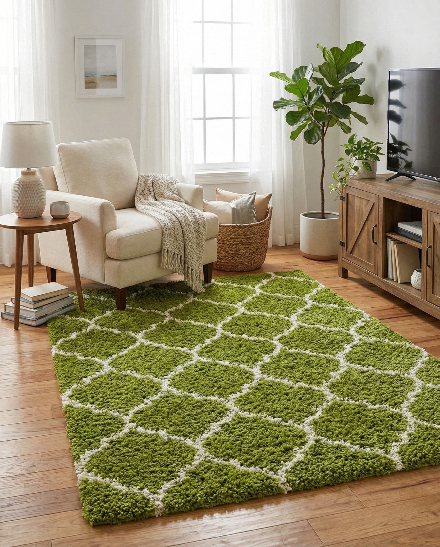 A vibrant green 5' 3 x 5' 3 square shag rug with a white modern lattice pattern, featuring a textured high/low pile.