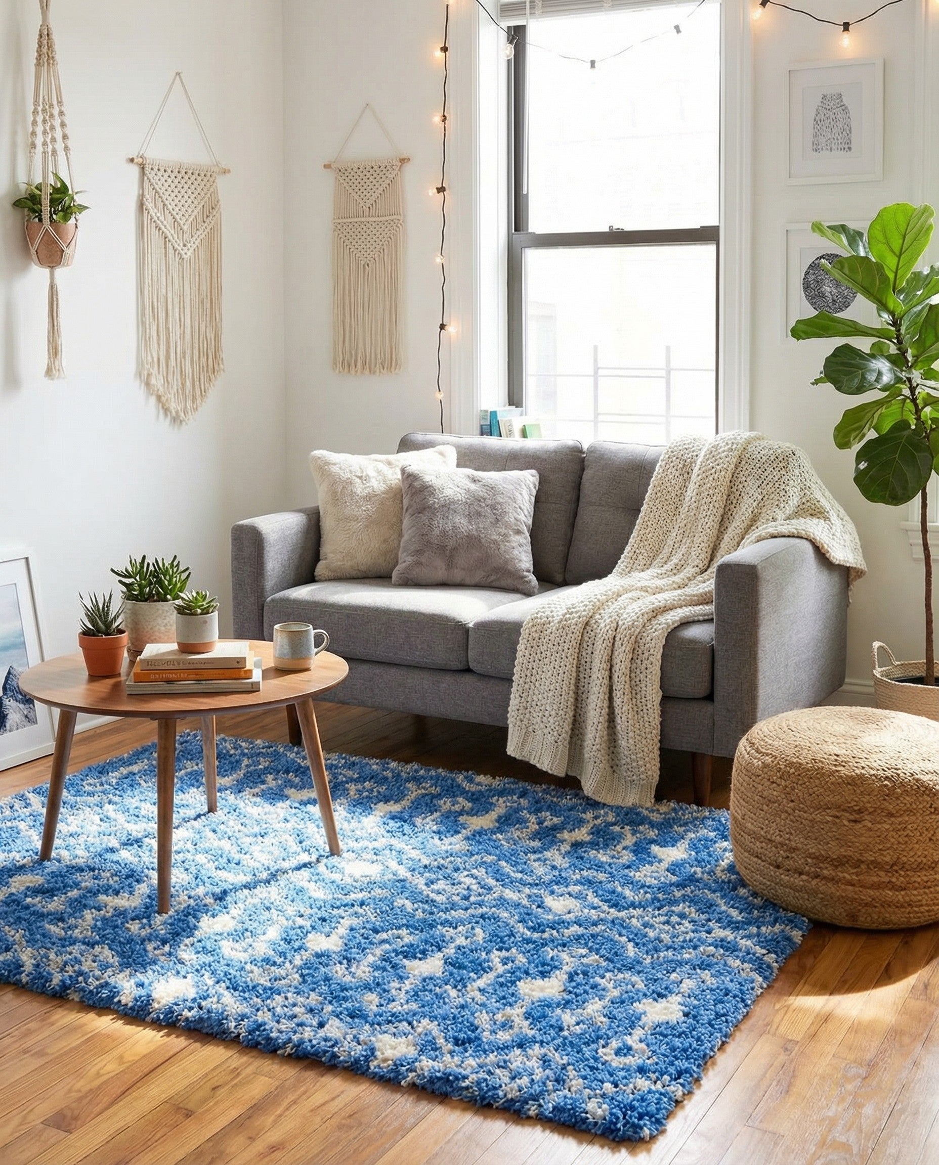 A square 3' 3 x 3' 3 blue shag rug with a white tribal geometric pattern, featuring zigzags and diamond shapes.