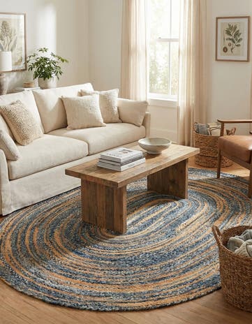 Blue and Natural Handmade Braided Chindi Oval Rug