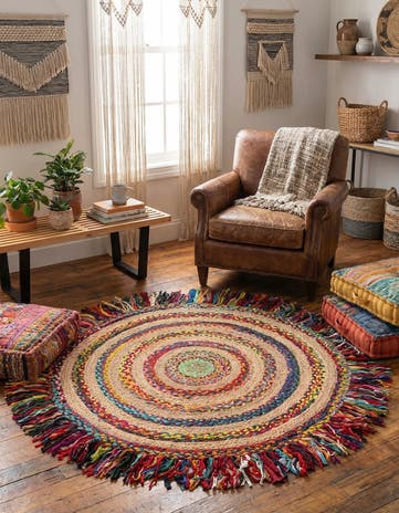 5' 1 x 5' 1 Hand Braided Chindi Jute Round Rug