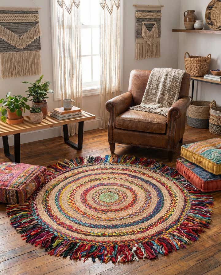 5' 1 x 5' 1 Hand Braided Chindi Jute Round Rug
