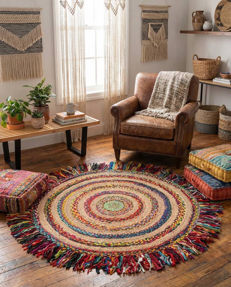 Detail image of 5' 1 x 5' 1 Hand Braided Chindi Jute Round Rug