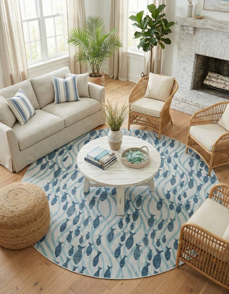 Detail image of 10' x 10' Easy-Clean Coastal Indoor / Outdoor Round Rug