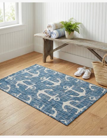 Blue Easy-Clean Coastal Indoor / Outdoor Rug