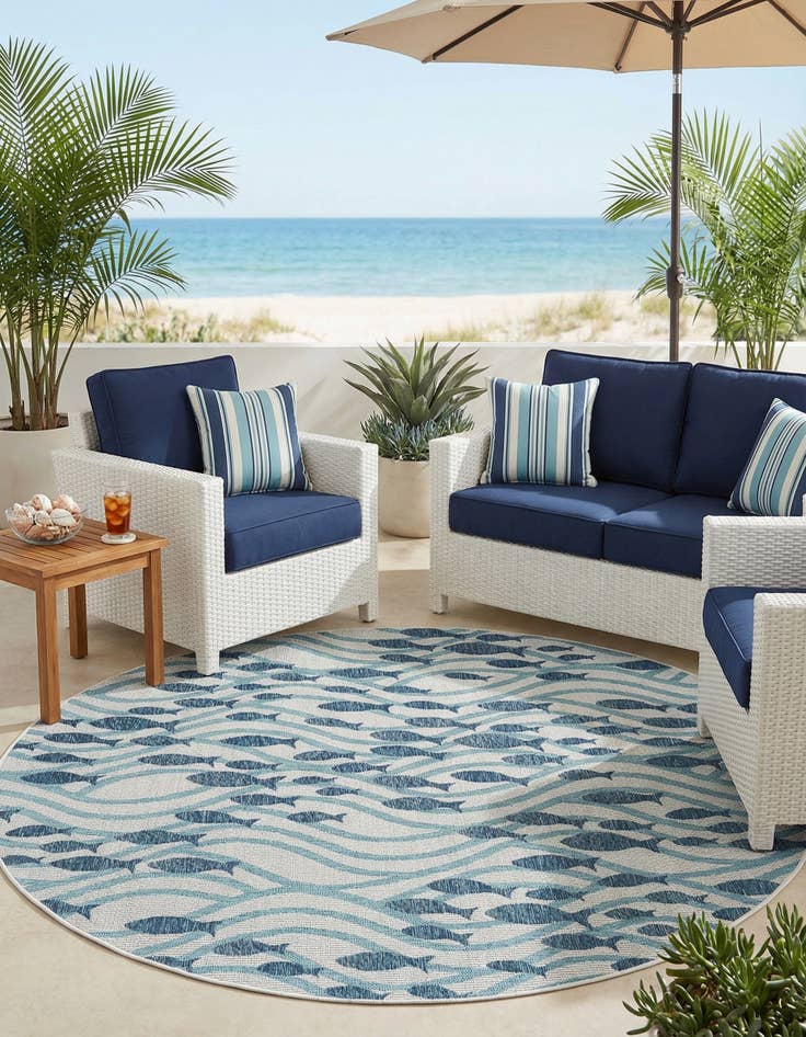 Detail image of 7' 10 x 7' 10  Washable Coastal Indoor / Outdoor Round Rug