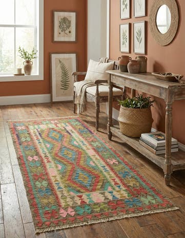 3' 4 x 6' 8 Hand Woven Kilim Maymana Wool Runner Rug