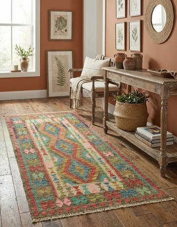 3' 4 x 6' 8 Hand Woven Kilim Maymana Wool Runner Rug