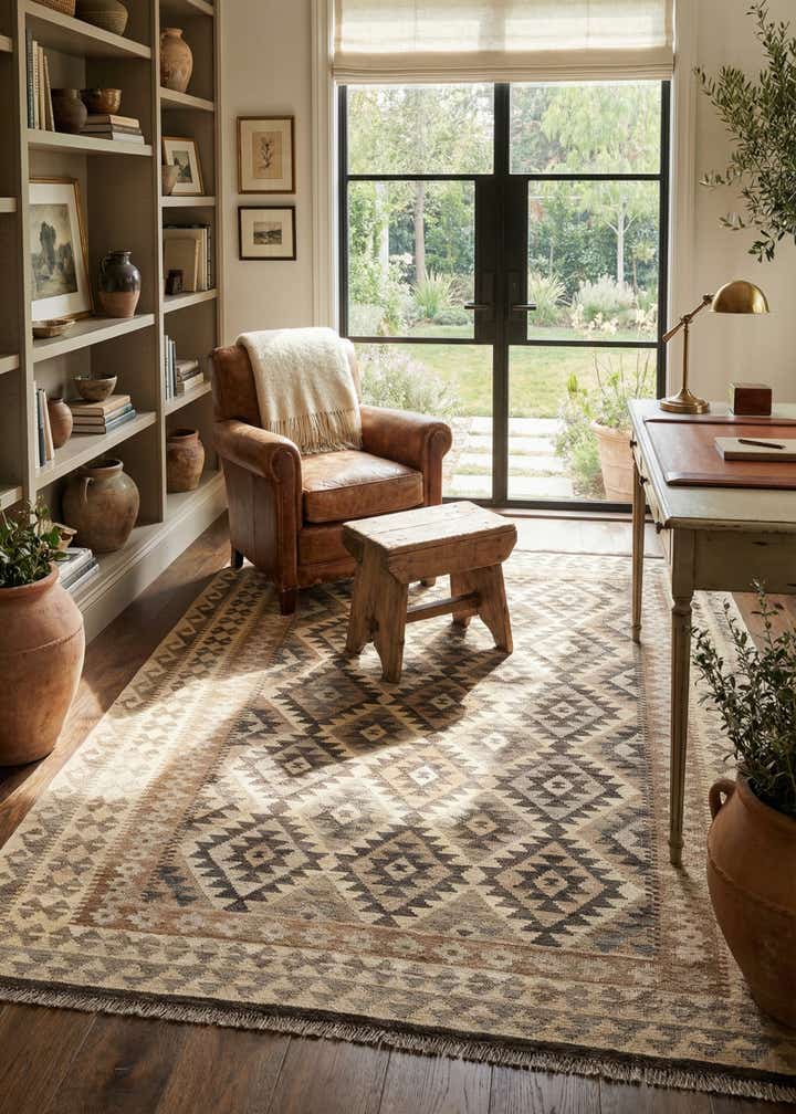 5' 3 x 6' 6 Hand Woven Kilim Maymana Wool Rug