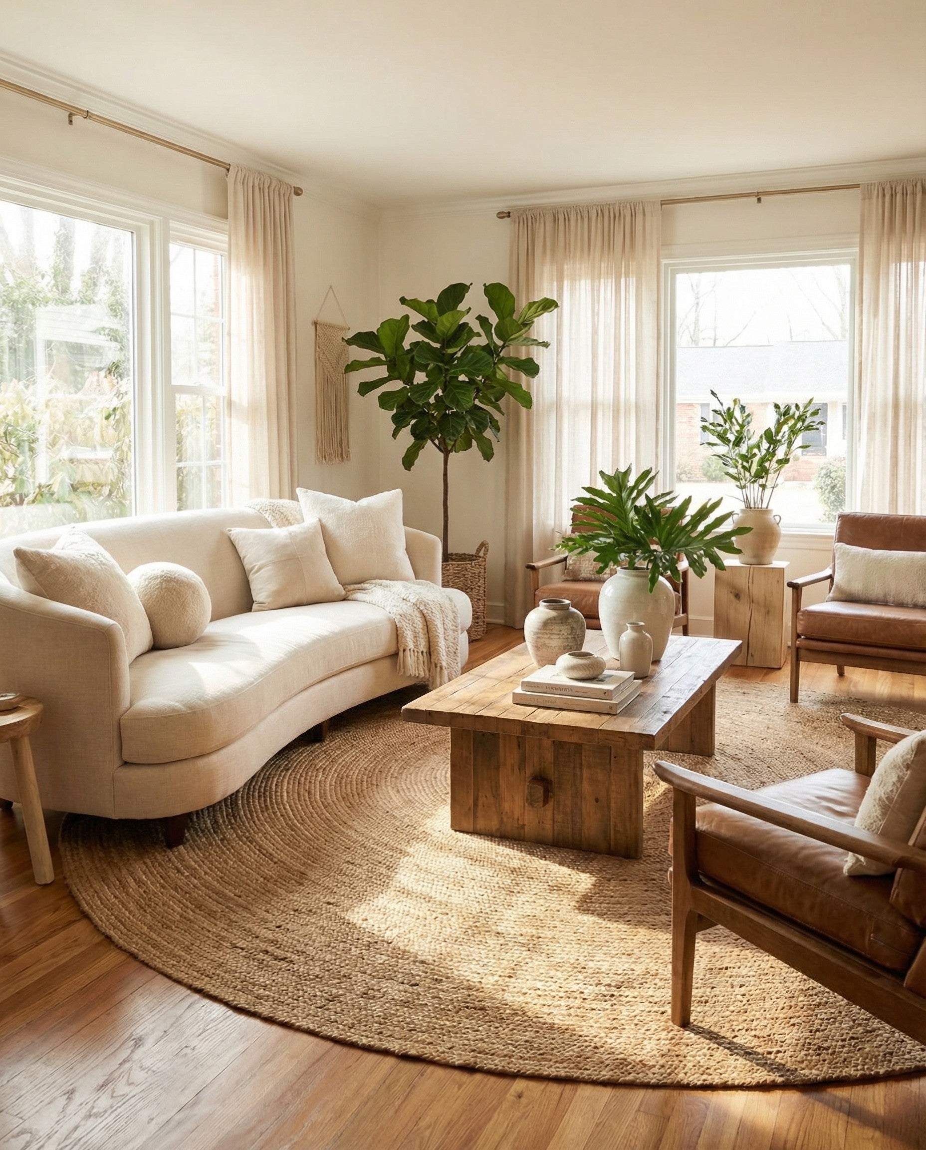 A large round 10' 2" natural jute rug in varying shades of brown and tan, featuring a concentric braided pattern.