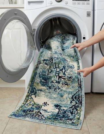 Blue Washable Fleur Runner Rug