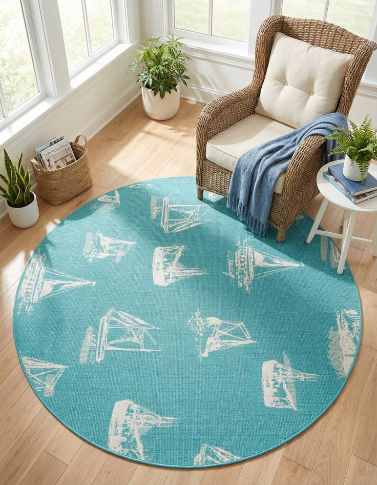 Detail image of 7' x 7'  Washable Coastal Indoor / Outdoor Round Rug
