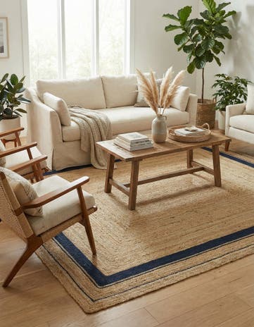 Natural and Navy Blue Handmade Braided Jute Rug