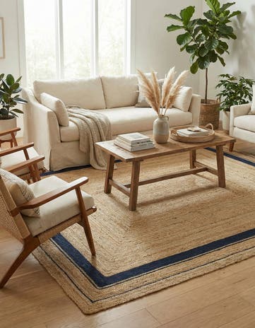 Natural and Navy Blue Handmade Braided Jute Rug