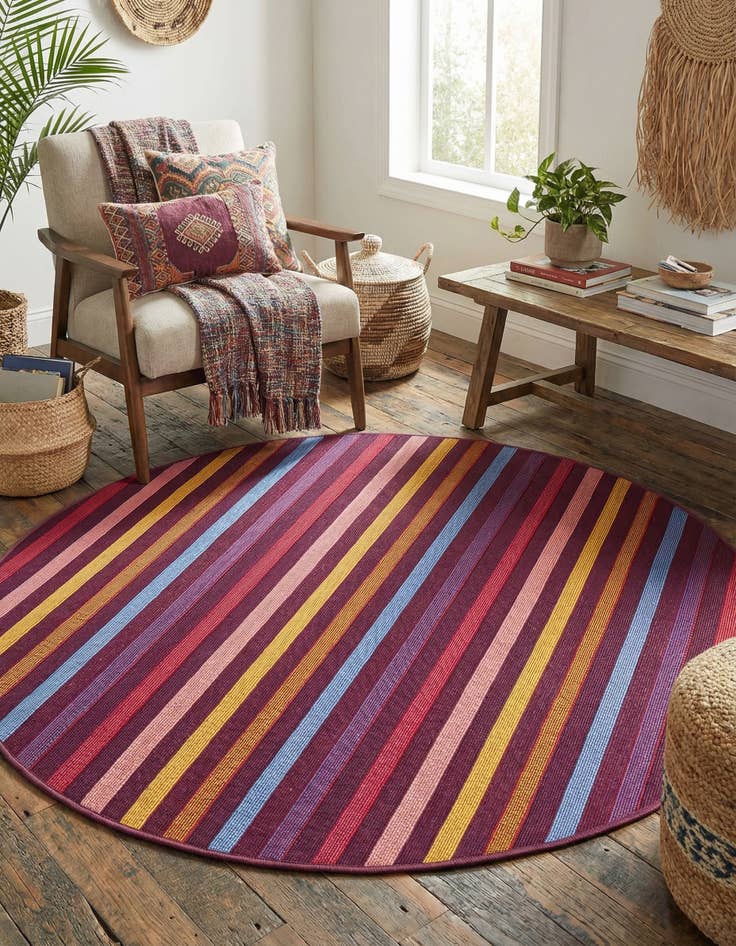 Detail image of 4' x 4'  Washable Striped Indoor / Outdoor Round Rug