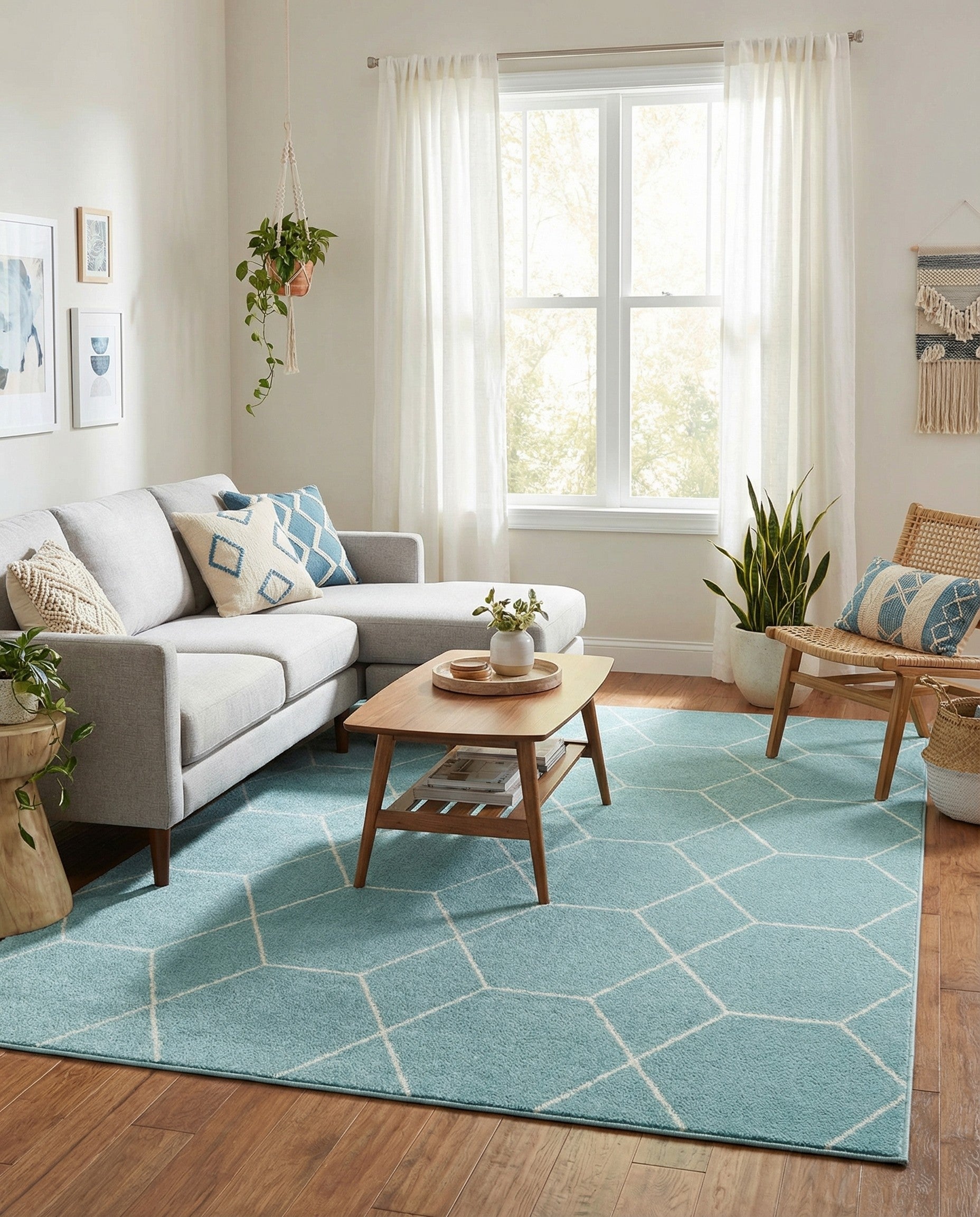 A 6x9 rectangular light blue area rug with a modern white trellis pattern, suitable for a living room.