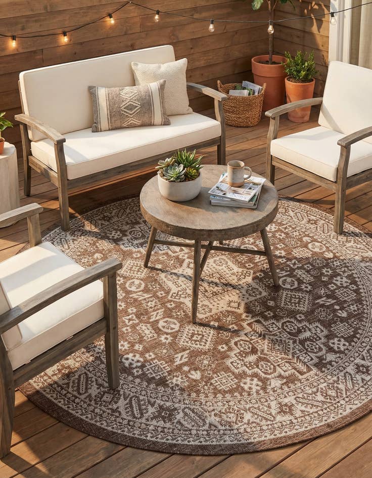 Detail image of 7' 10 x 7' 10 Easy-Clean Aztec Indoor / Outdoor Round Rug