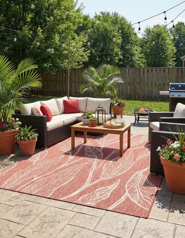 Rust Red Easy-Clean Botanical Indoor / Outdoor Rug