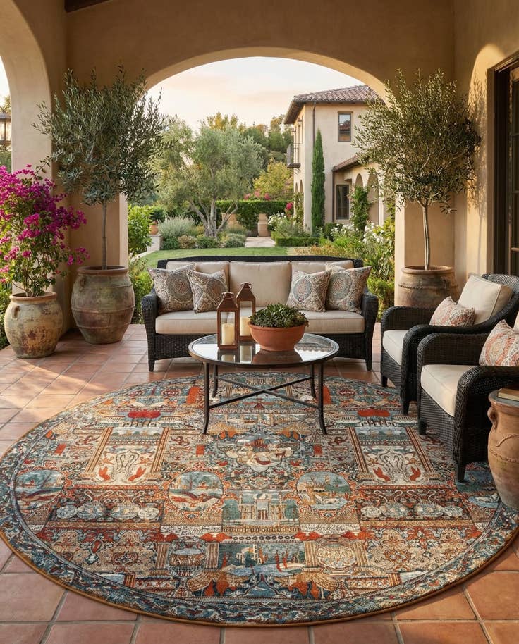 Detail image of 10' x 10' Easy-Clean Traditional Indoor / Outdoor Round Rug
