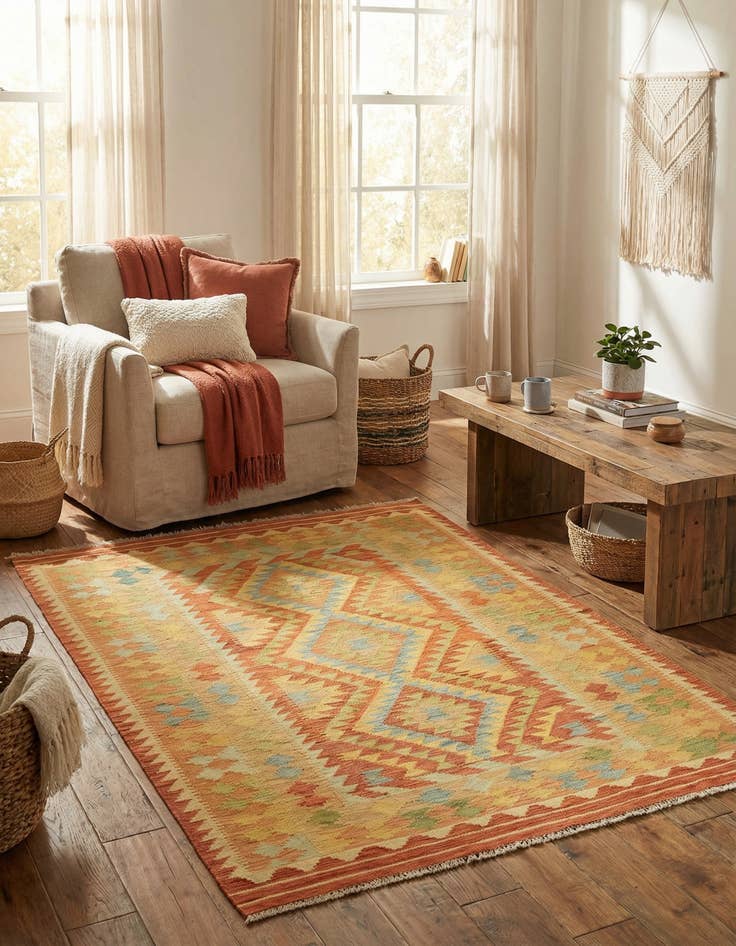 Detail image of 4' 2 x 5' 9  Hand Woven Kilim Waziri Wool Rug