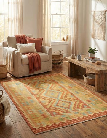 4' 2 x 5' 9 Hand Woven Kilim Waziri Wool Rug
