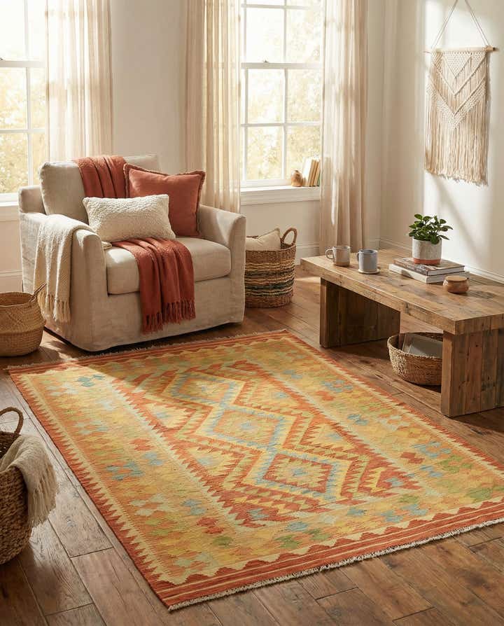 4' 2 x 5' 9 Hand Woven Kilim Waziri Wool Rug