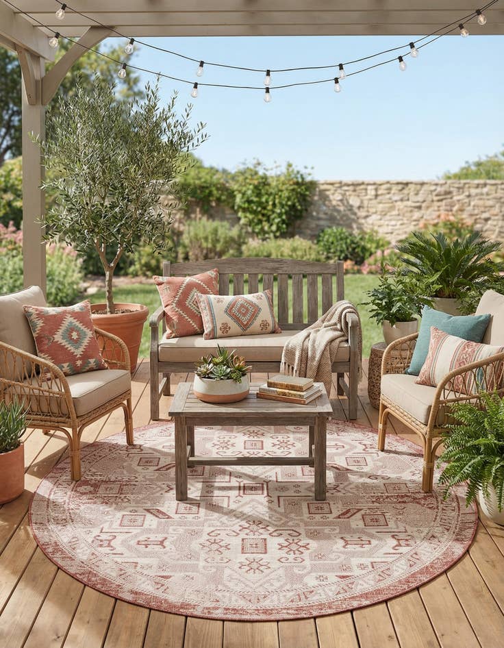 Detail image of 7' 10 x 7' 10  Washable Aztec Indoor / Outdoor Round Rug