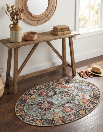 Vintage Green Washable Timeless Oval Rug