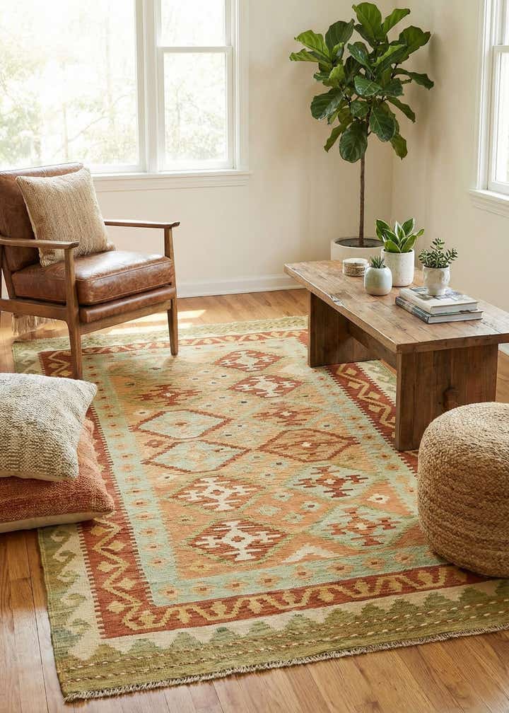 3' 7 x 6' 2 Hand Woven Kilim Waziri Wool Rug
