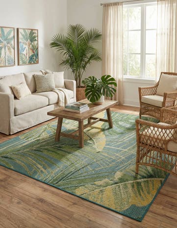 Green Blue Easy-Clean Botanical Indoor / Outdoor Rug