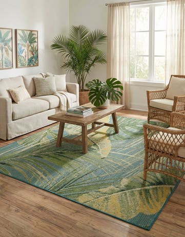 Green Blue Easy-Clean Botanical Indoor / Outdoor Rug