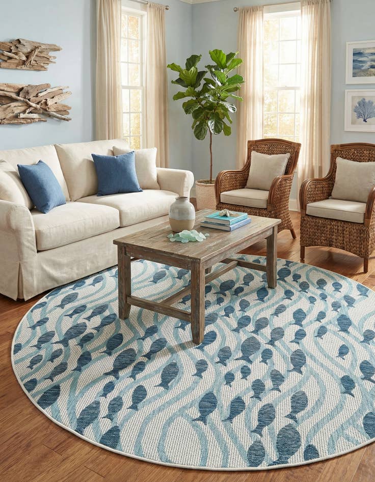 Detail image of 7' 10 x 7' 10 Easy-Clean Coastal Indoor / Outdoor Round Rug