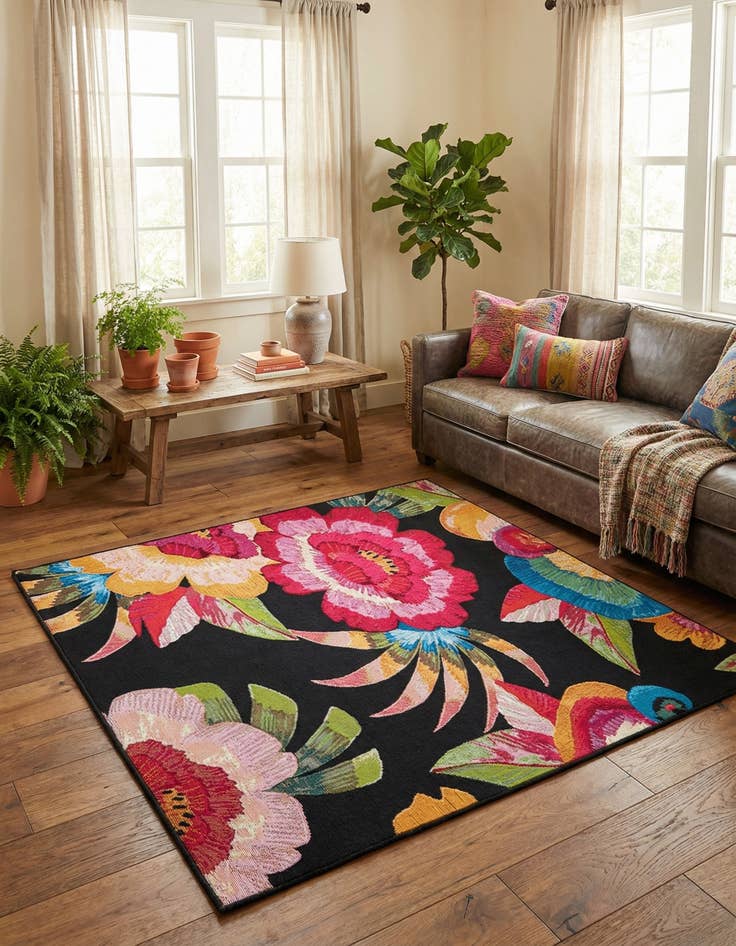 Detail image of  5' 3 x 5' 3  Washable Botanical Indoor / Outdoor Square Rug