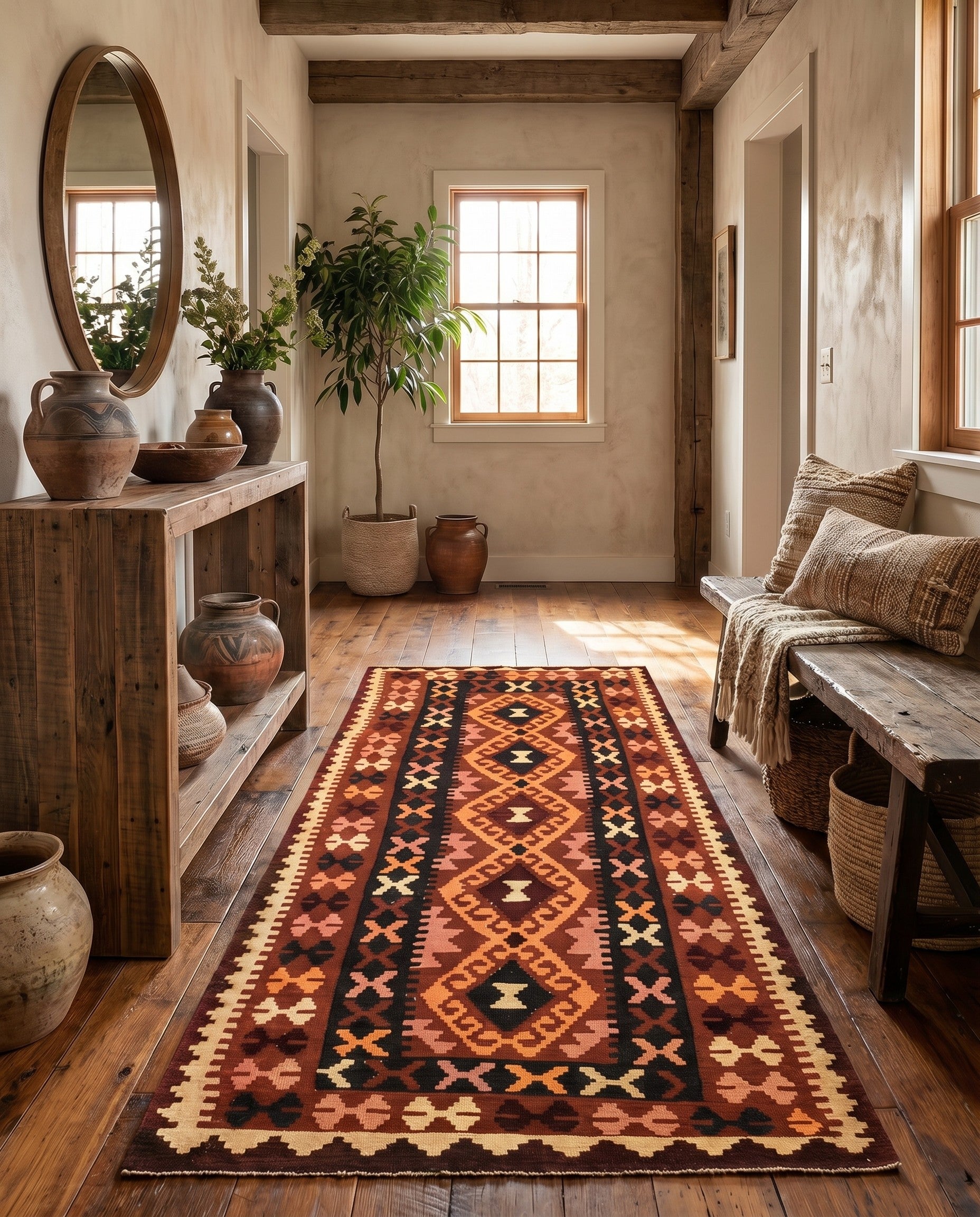 3' 7 x 6' 8 Hand Woven Kilim Maymana Wool Runner Rug