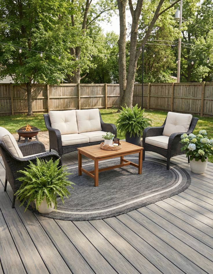 Detail image of 5' 3 x 8' Easy-Clean Border Indoor / Outdoor Oval Rug