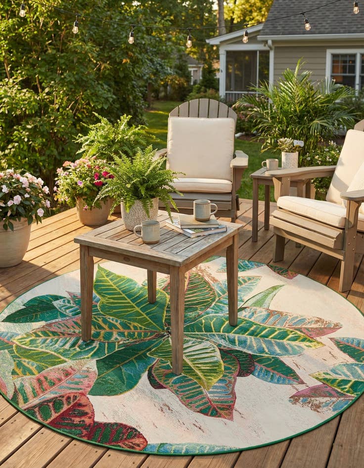 Detail image of 7' 10 x 7' 10  Washable Botanical Indoor / Outdoor Round Rug