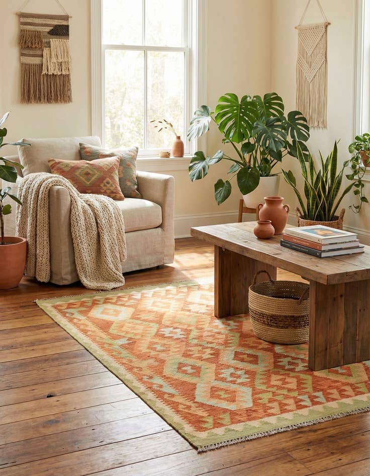 Detail image of 3' 2 x 4' 10  Hand Woven Kilim Waziri Wool Rug