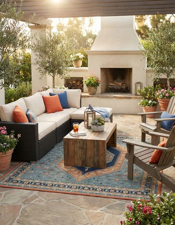 Blue and Rust Red Easy-Clean Baja Indoor / Outdoor Square Rug