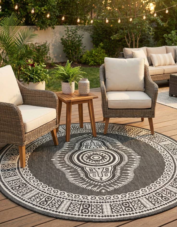 Detail image of 7' 10 x 7' 10 Easy-Clean Traditional Indoor / Outdoor Round Rug