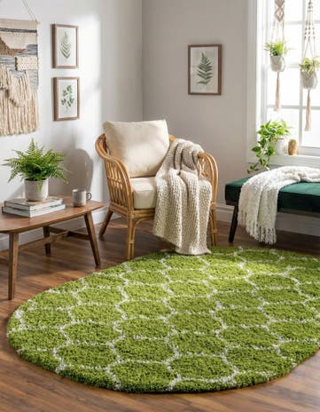 Green Lattice Shag Oval Rug