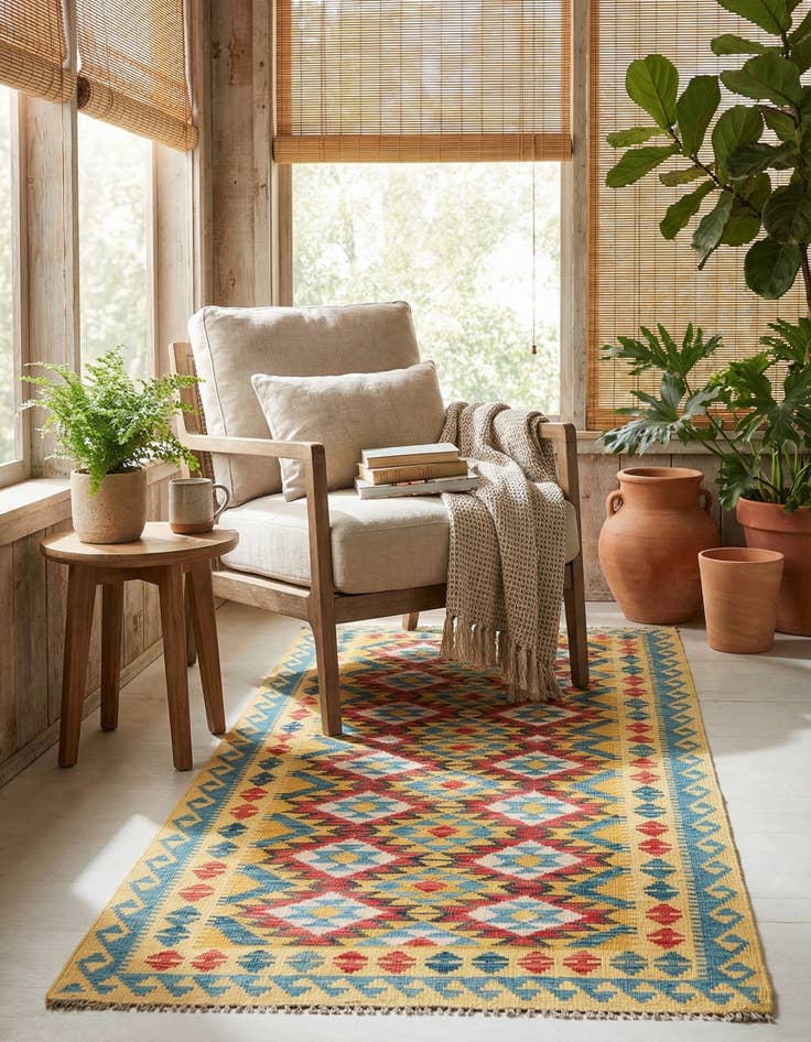 Detail image of 3' 5 x 6' 10  Hand Woven Kilim Maymana Wool Runner Rug